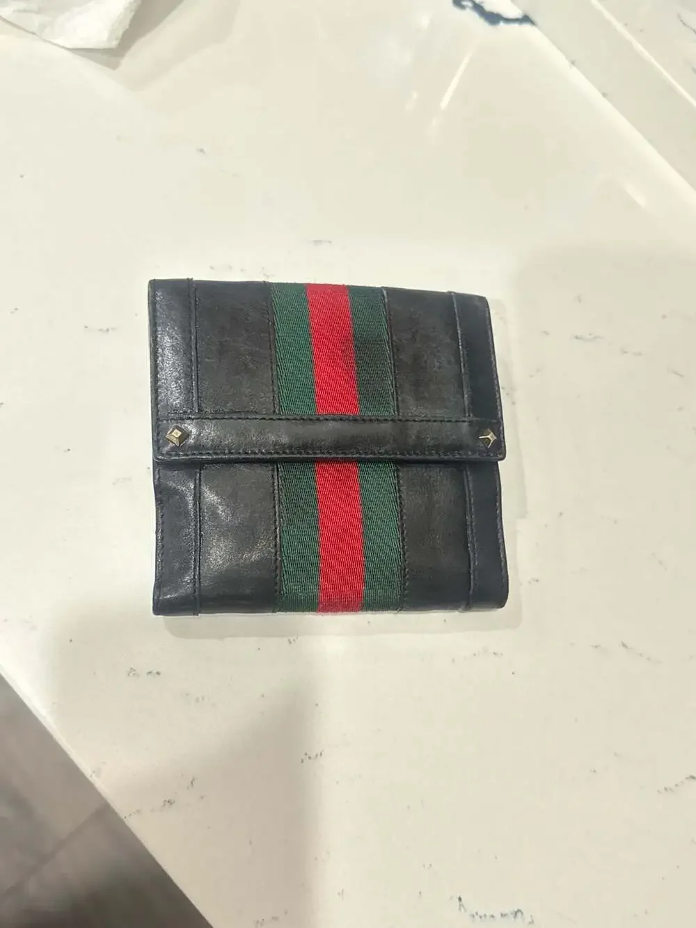 Gucci Vintage Black Leather Web Stripe French Purse Wallet with Studded Strap - Picture 2 of 11